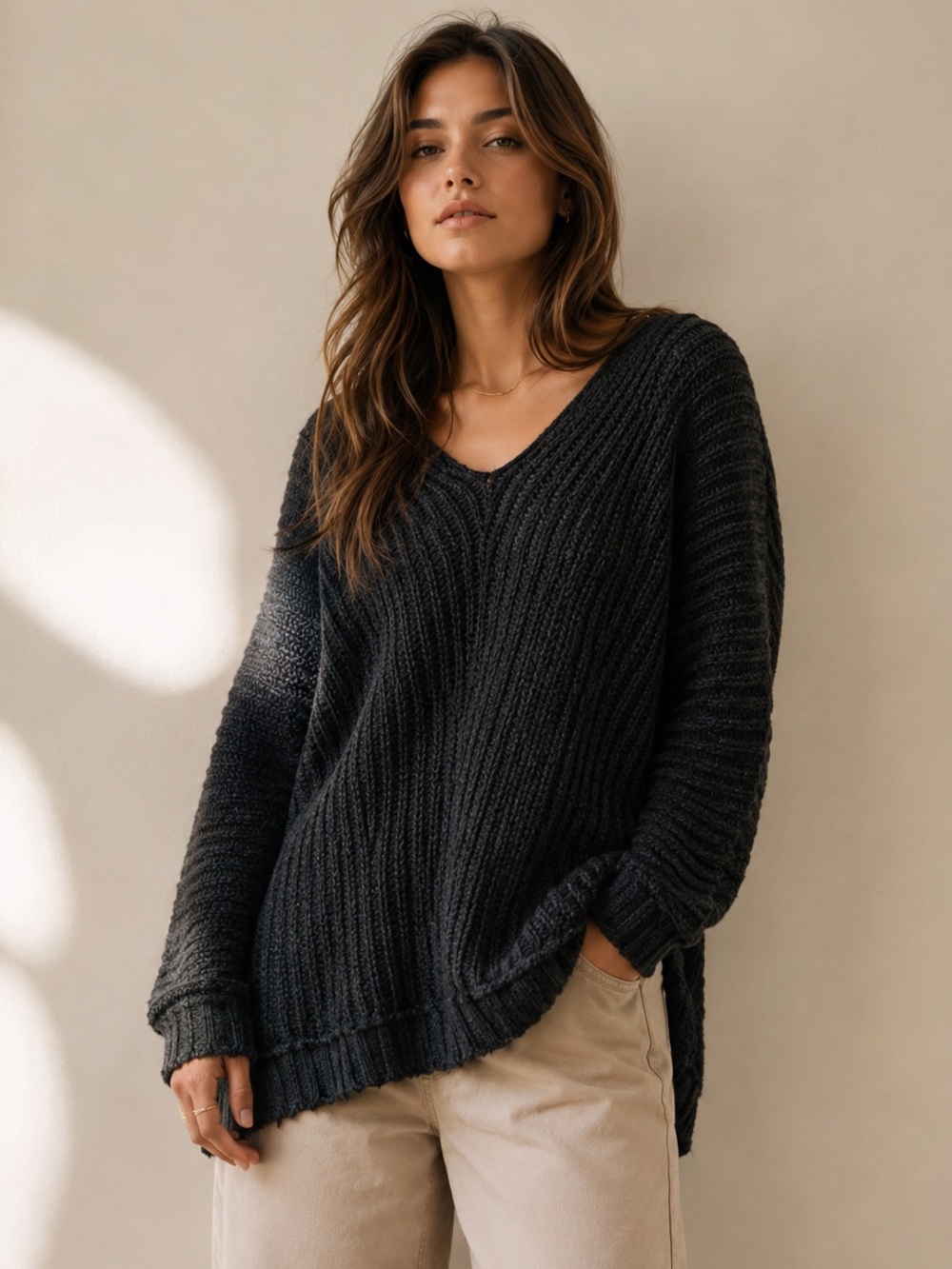 Free People Cozy Dark Gray Textured Knit Sweater - oversized